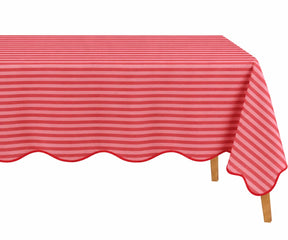 Red striped scalloped tablecloth with decorative wavy edges, perfect for festive dining, holiday gatherings, Christmas table décor, farmhouse kitchens, and special occasions