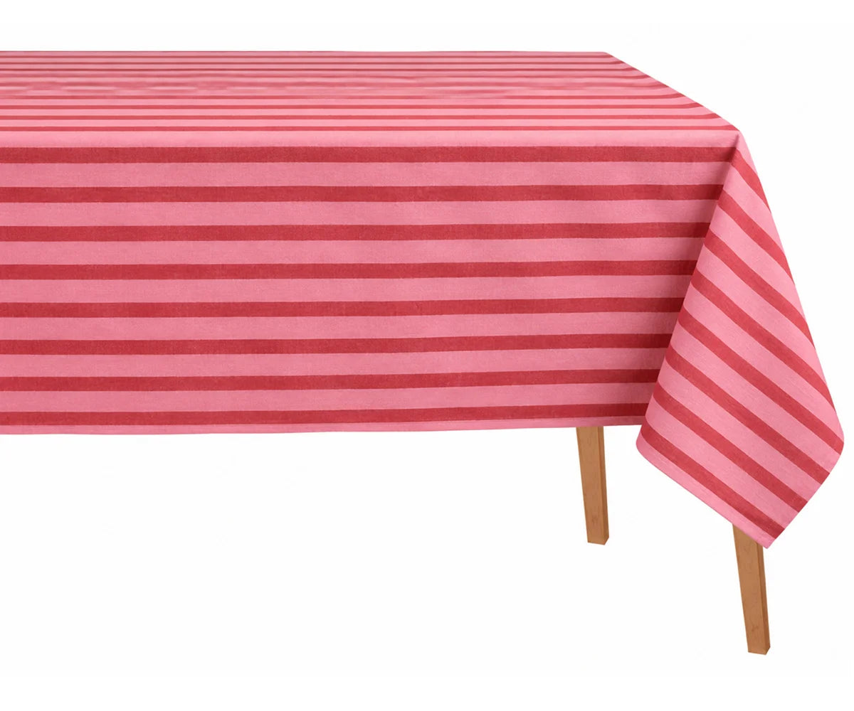 Red and pink striped tablecloth with classic horizontal stripes, striped tablecloths are perfect for everyday dining, holiday gatherings, farmhouse kitchen décor, and colorful table settings