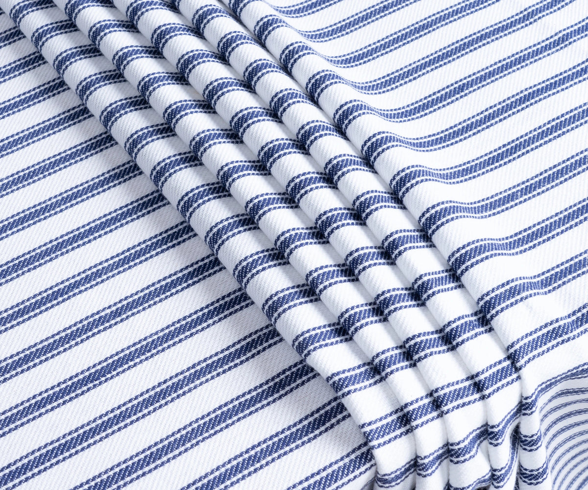 Close-up of navy ticking stripe pattern on 100 percent cotton fabric