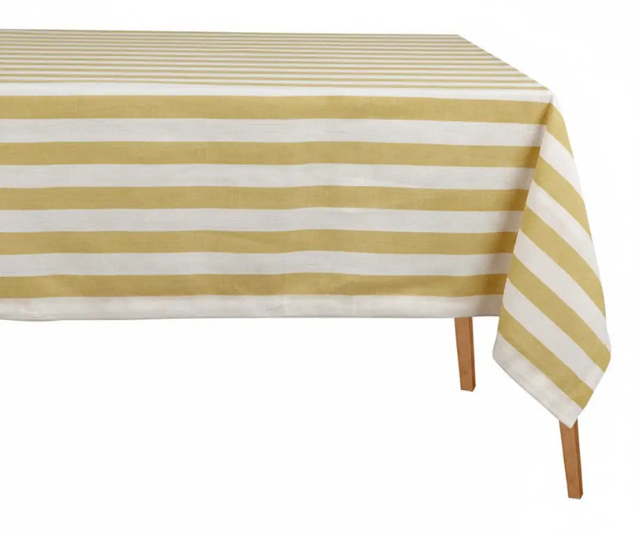 Sunny yellow and white cabana stripe tablecloth rectangle in 100% cotton, washable striped dining table cover for coastal, summer, and farmhouse d&eacute;cor.
