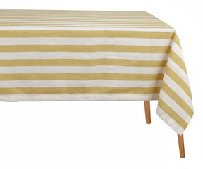 Sunny yellow and white cabana stripe tablecloth rectangle in 100% cotton, washable striped dining table cover for coastal, summer, and farmhouse décor.