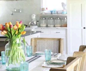 Striped farmhouse table runner for indoor and outdoor dining.