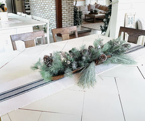 Versatile striped table runner for round or rectangular tables.