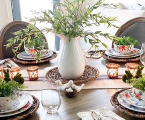 Farmhouse chic with a classic striped dining table runner.