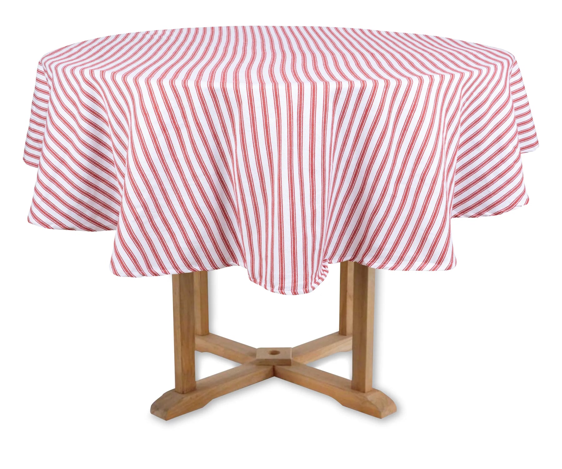 Red and white striped round cotton tablecloth on dining table – 63-inch ticking stripe design