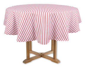 Red and white striped round cotton tablecloth on dining table – 63-inch ticking stripe design