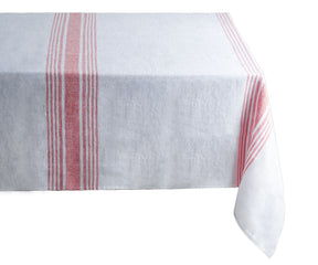 Crisp white tablecloth with bold red stripes for a modern table