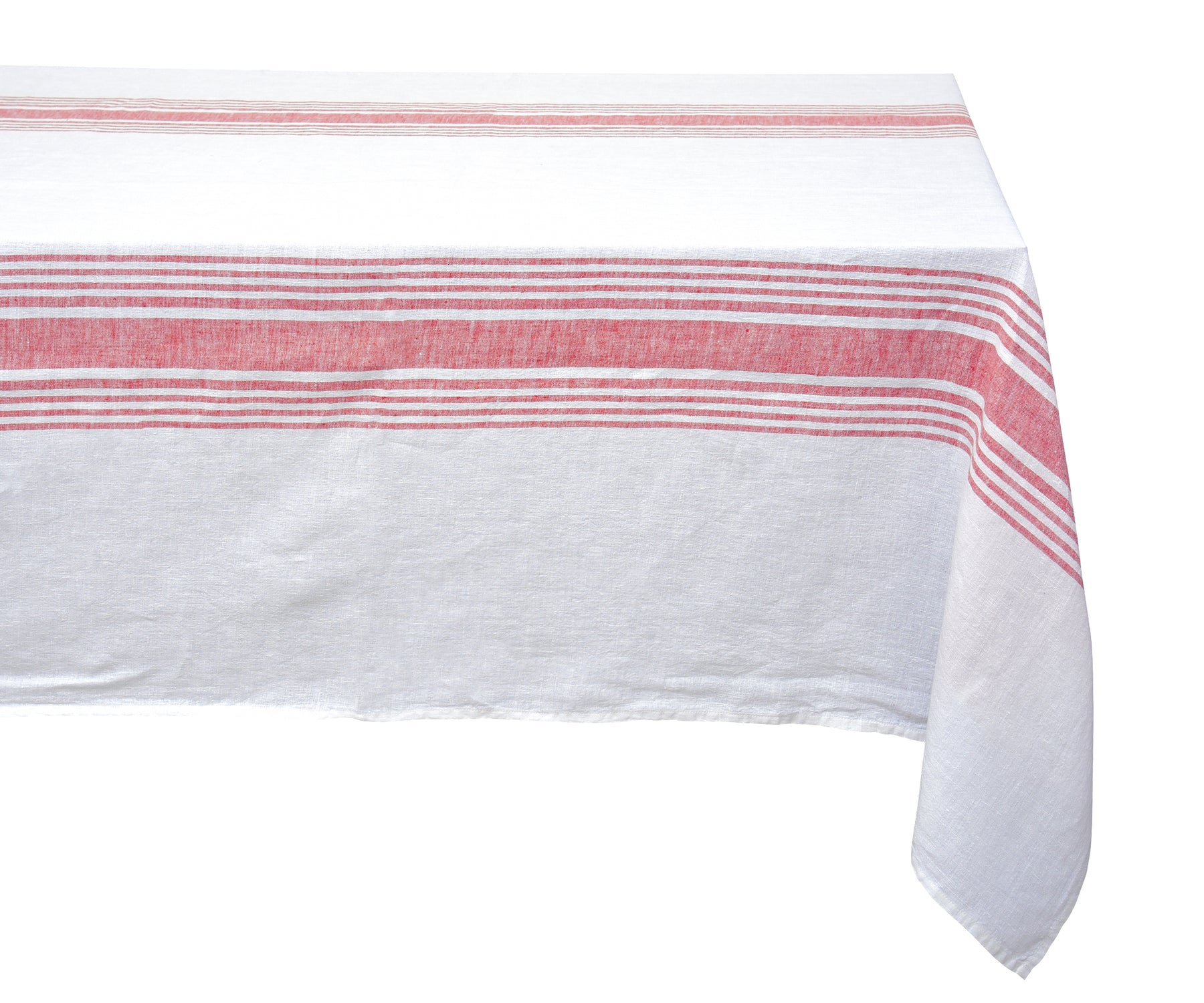 White linen tablecloth with a red and white striped motif