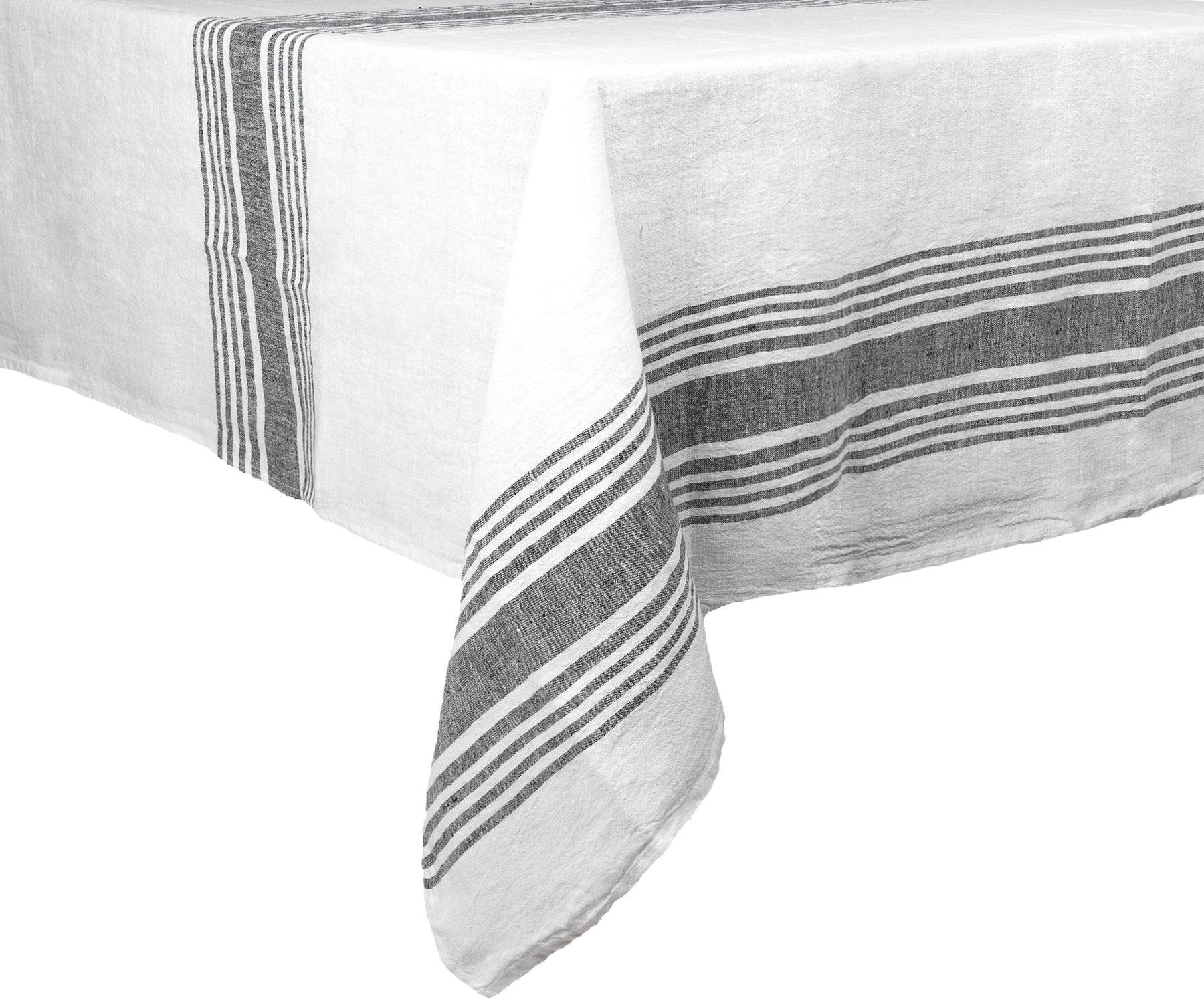 Sophisticated white and gray striped linen tablecloth on a dining table