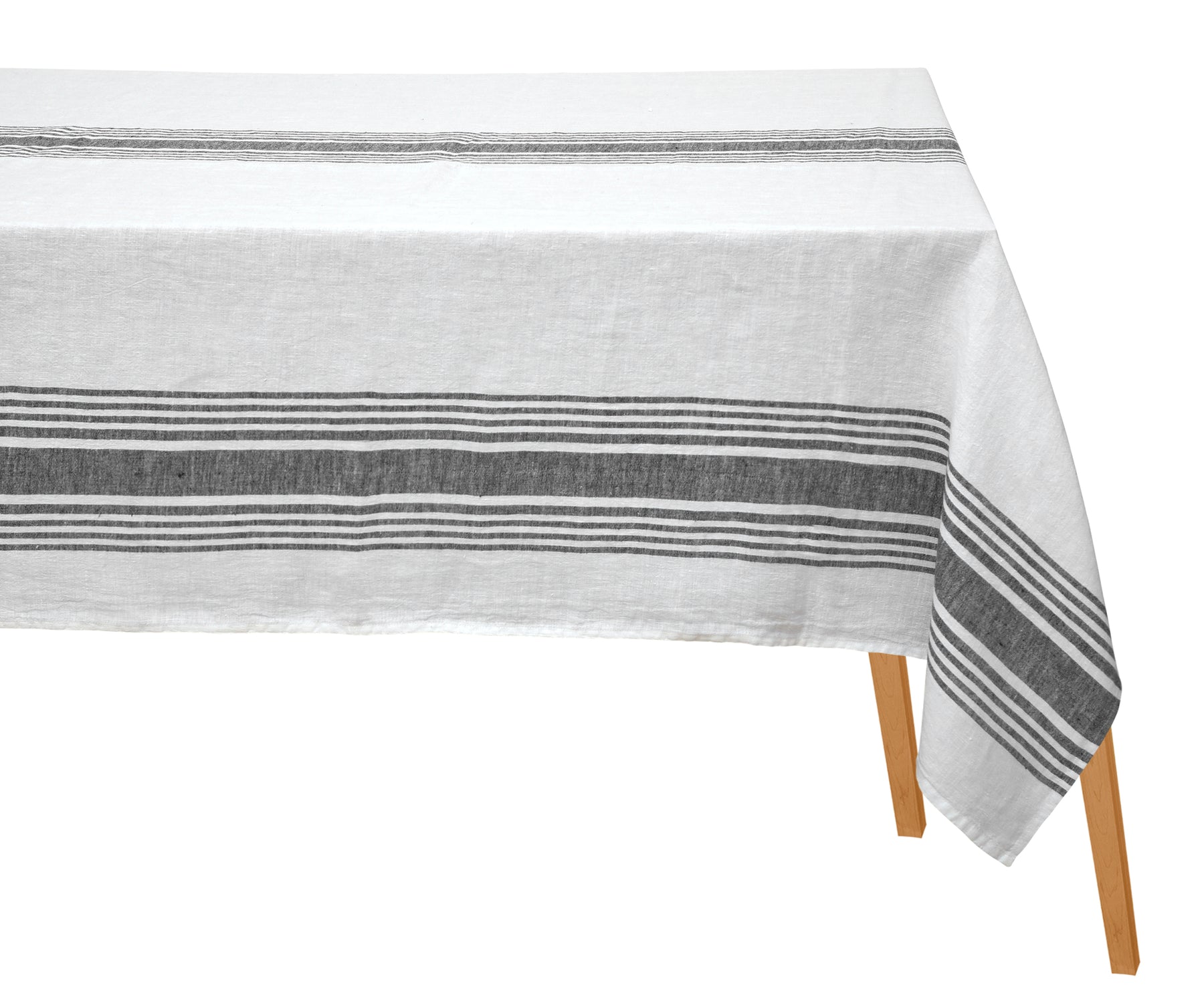 Sophisticated table setting with a white linen and black striped tablecloth