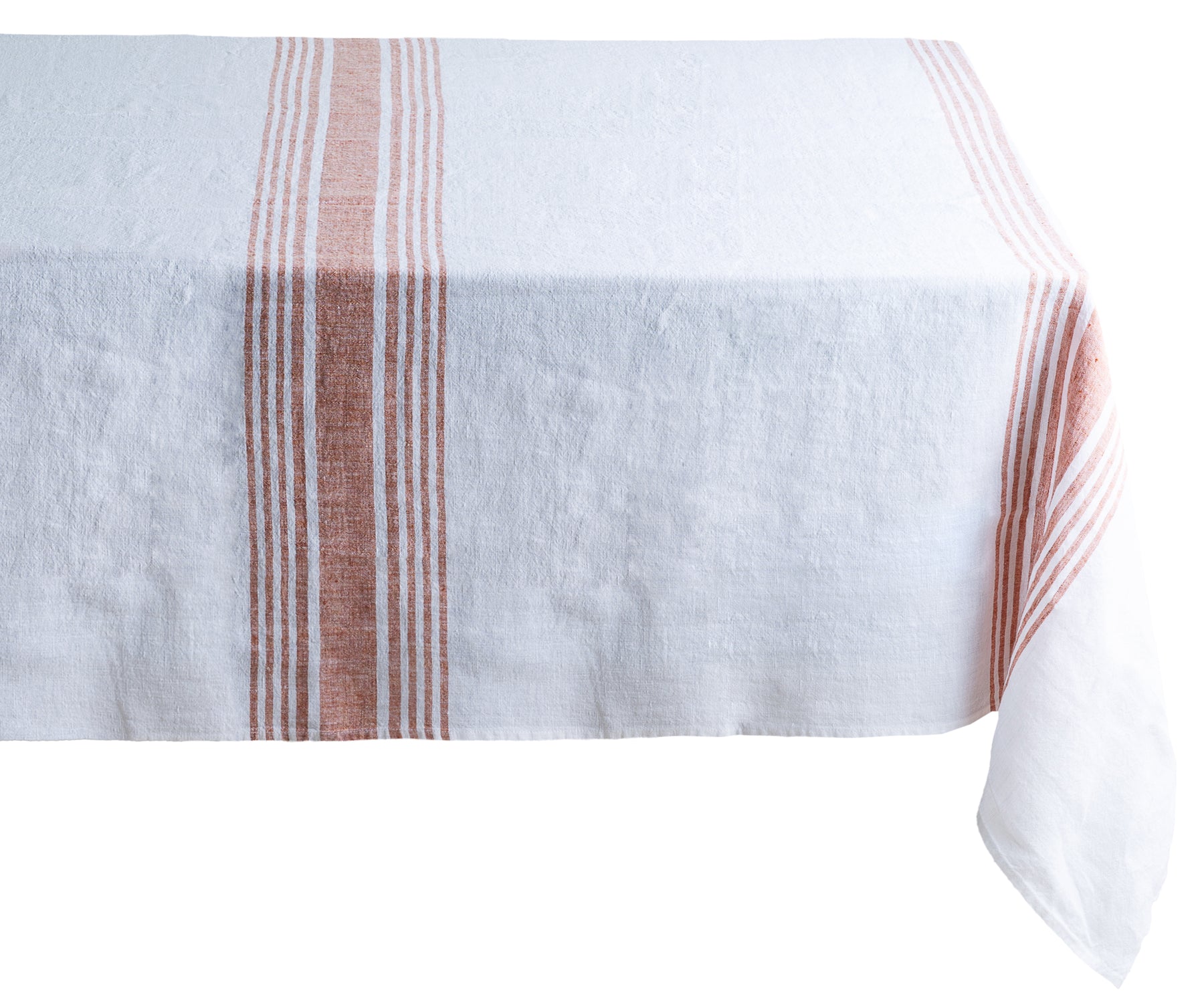 White linen tablecloth accented with tasteful red stripes