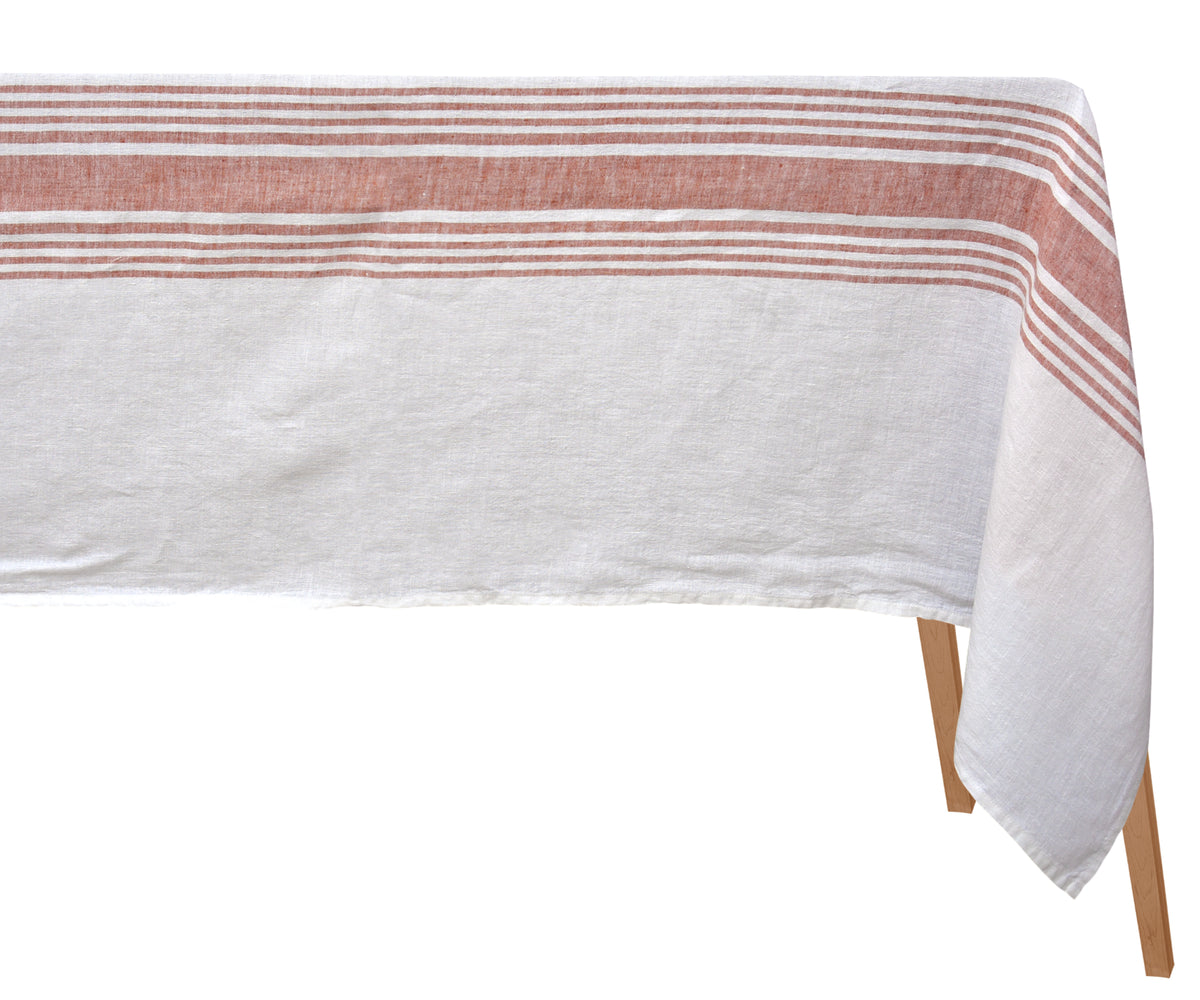 White linen tablecloth with a single red stripe for a modern touch
