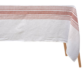 White linen tablecloth with a single red stripe for a modern touch