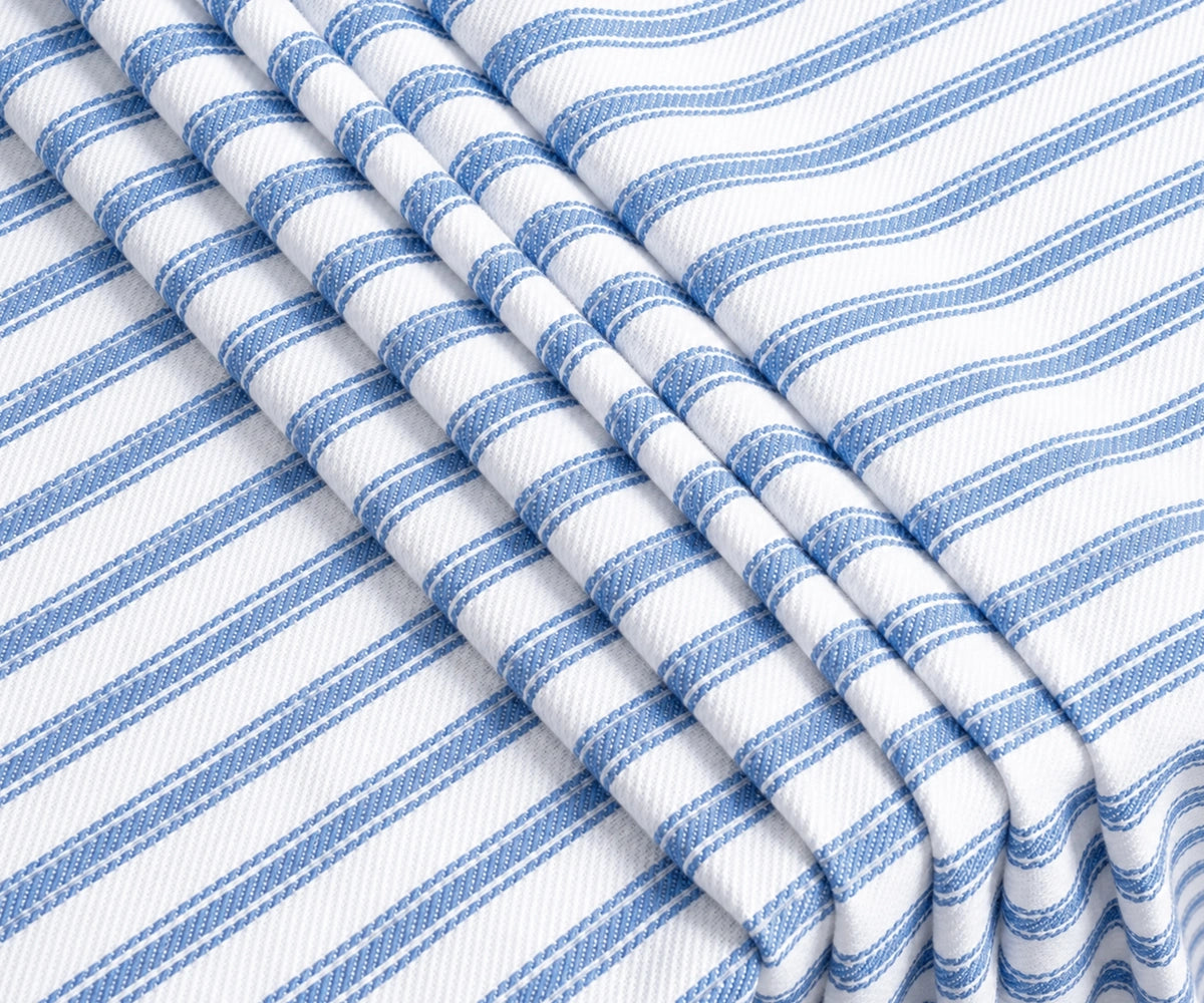 Close-up of baby blue and white striped fabric