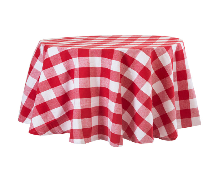 A round tablecloth with a buffalo plaid pattern in black and white, displayed on a table.