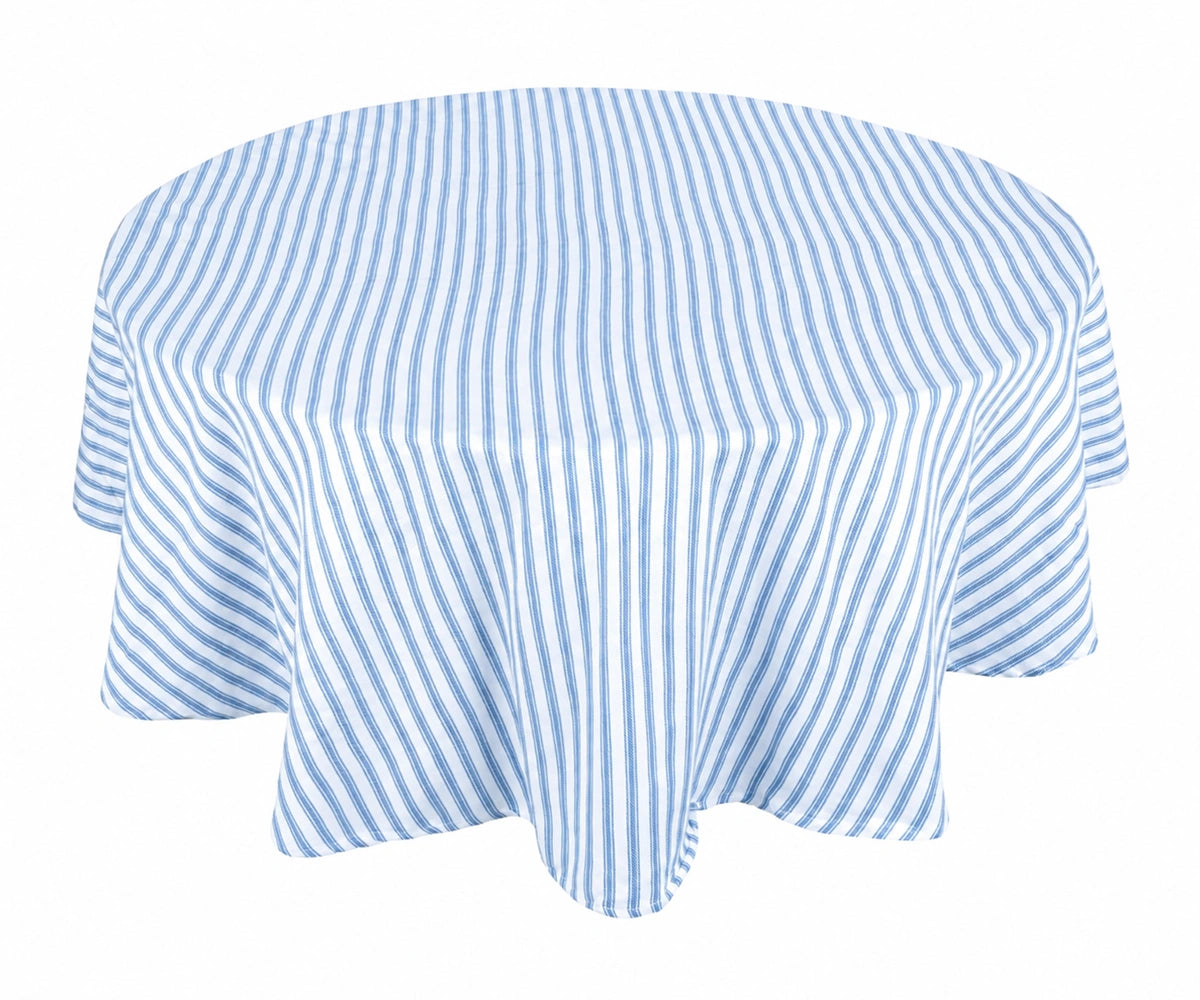 Blue and white striped tablecloth on a white background