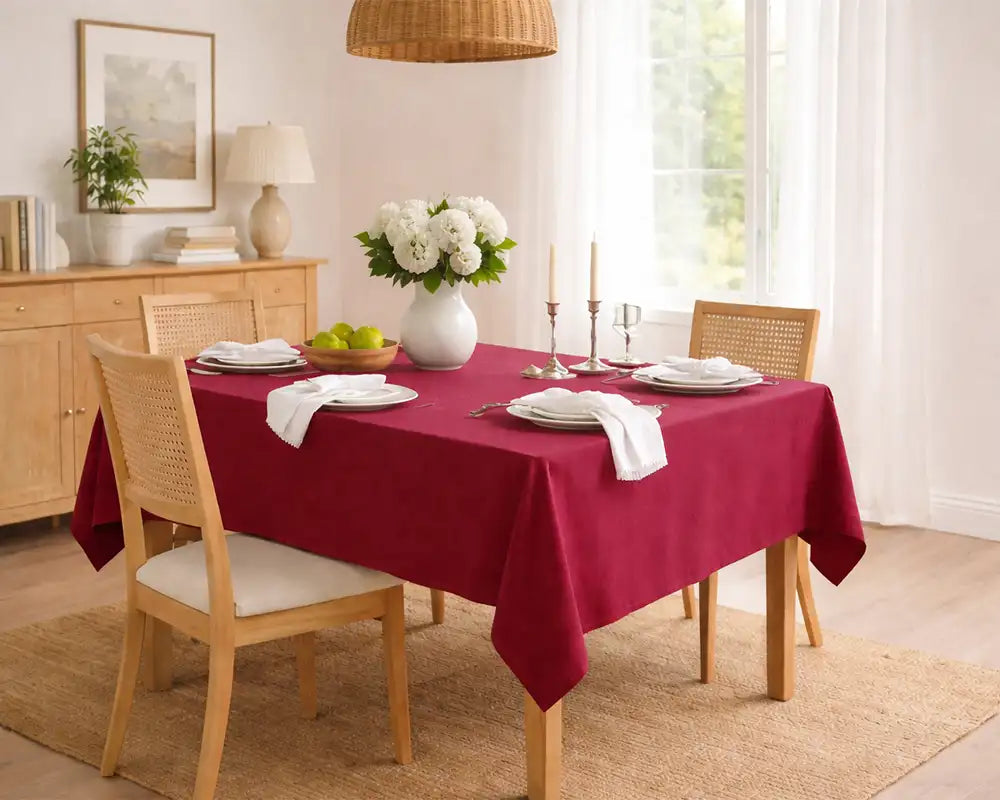 Red cotton tablecloth styled on dining table