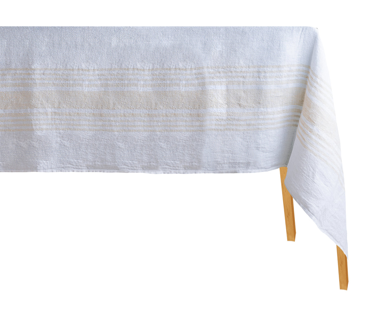 Elegant white linen tablecloth with subtle stripe pattern