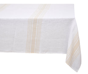 Pristine white linen tablecloth with subtle stripe accents