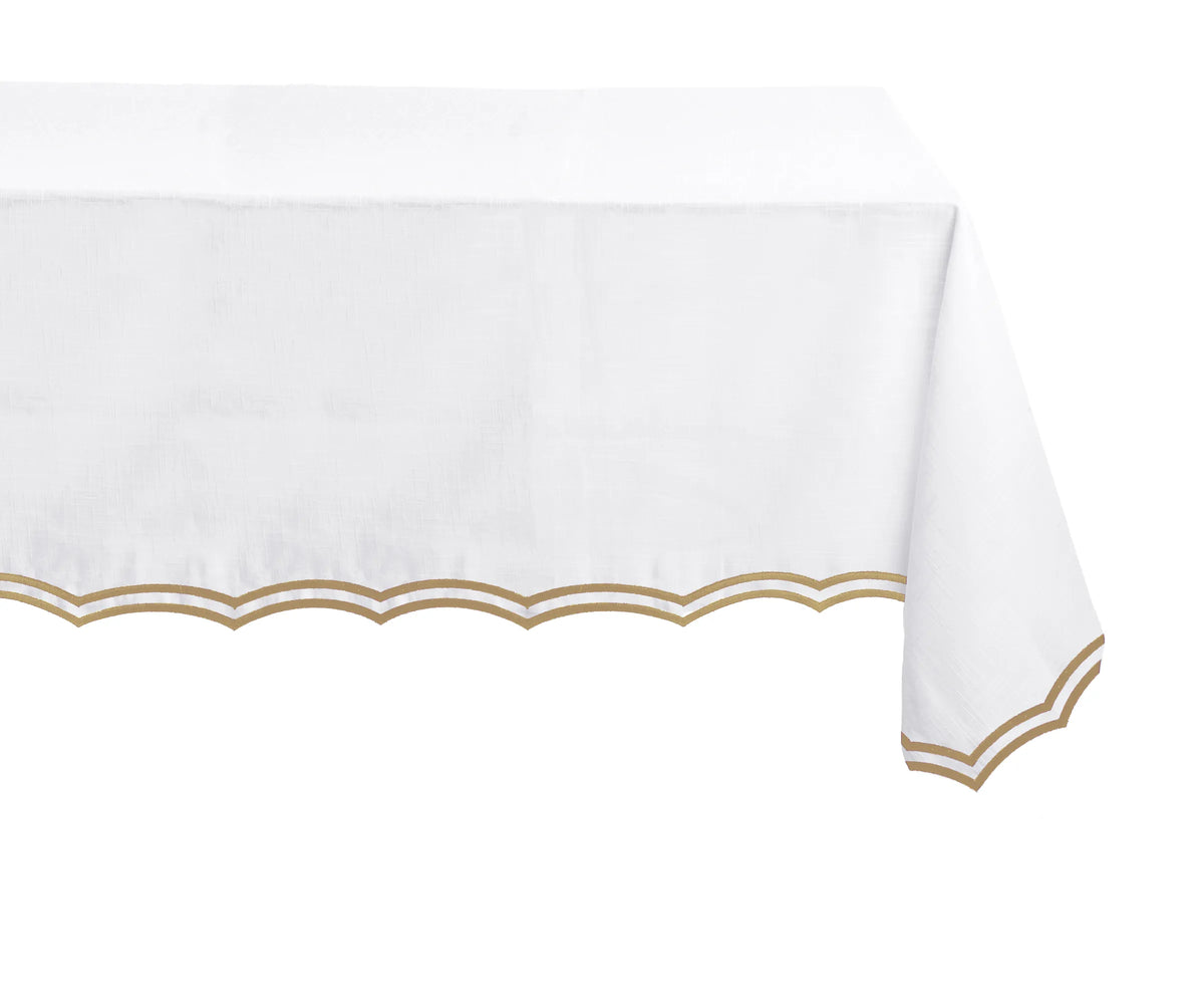 Close-up of embroidery and scallop trim on beige cotton tablecloth