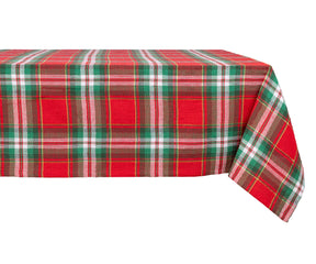 100% cotton red and green tartan tablecloth with yellow accents for festive dining