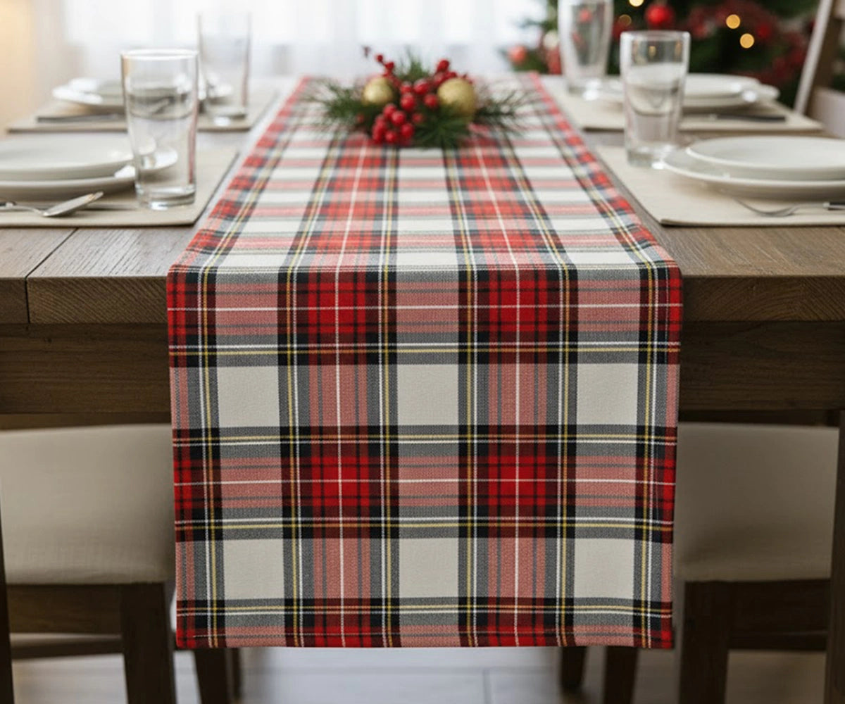 Elegance to your table with our White Buffalo Plaid Cotton Runner — featuring light red and black lines for a soft, timeless festive look.