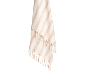 Lightweight striped cotton throw blanket with fringe, suitable for living rooms, bedrooms, or reading nooks