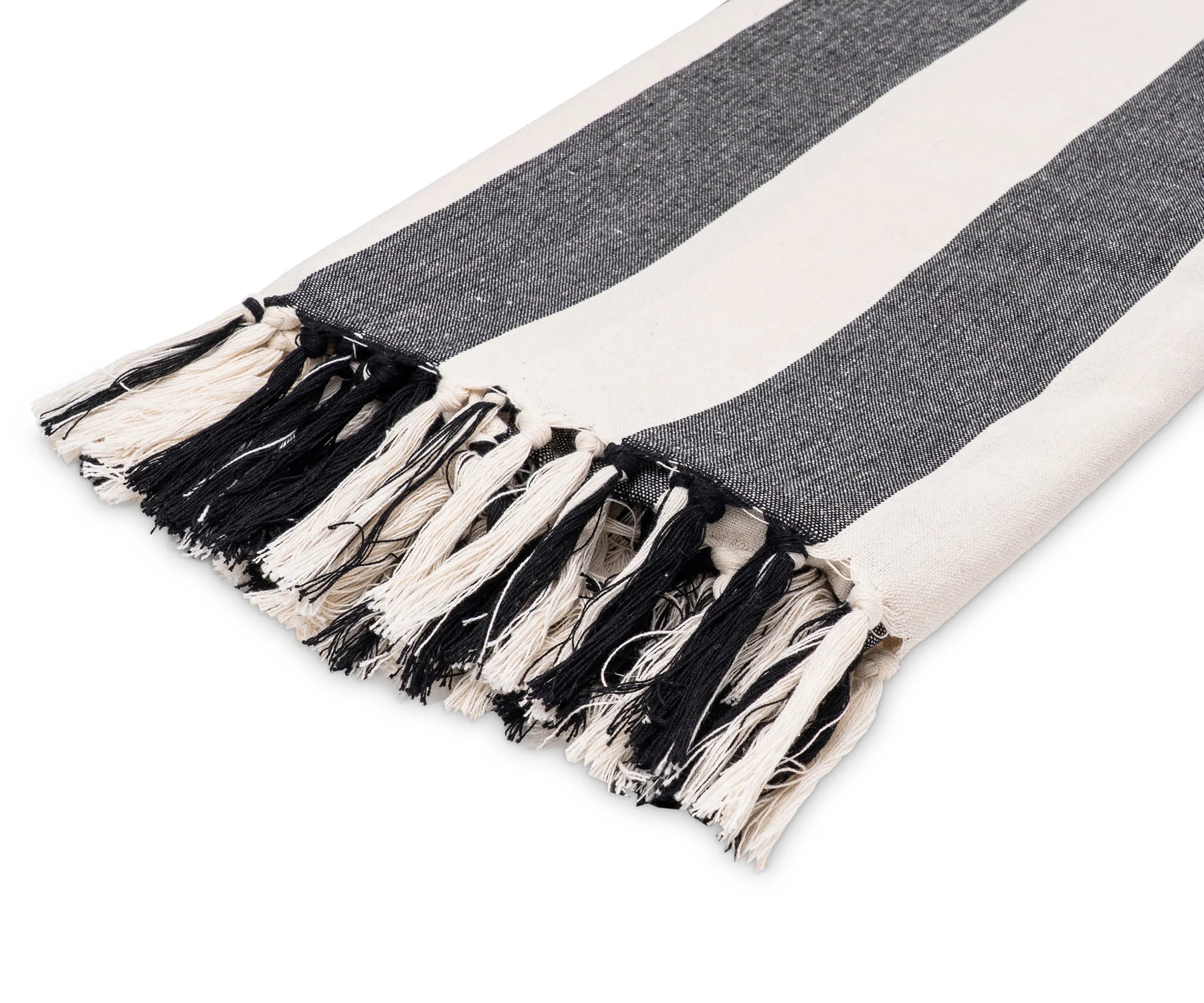 Modern black and white cotton throw blanket folded on a chair, suitable for sofas or beds