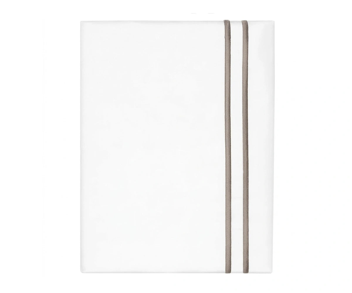 White cotton flat sheet with taupe double line embroidery border