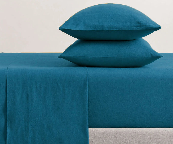 Teal blue linen sheet set with cooling breathable texture, luxury soft bedding for coastal, boho and minimalist bedroom decor with all season comfort