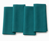 Elegant teal blue cotton hemstitch napkins, reusable washable cloth dinner napkins for weddings, parties, restaurants, and everyday table settings.