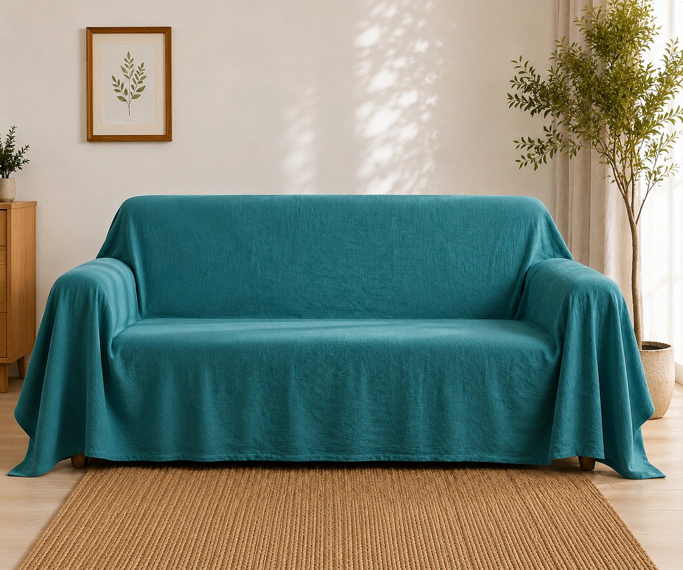 Teal cotton linen blend sofa slipcover adds a rich pop of color while helping keep couches protected from everyday messes and wear. Washable sofa cover and reusable couch protector 