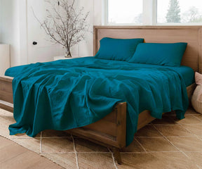 Teal linen bed sheet set made from 100% pure linen with cooling comfort.
Deep pocket king and queen luxury bedding sets teal for vibrant modern style.