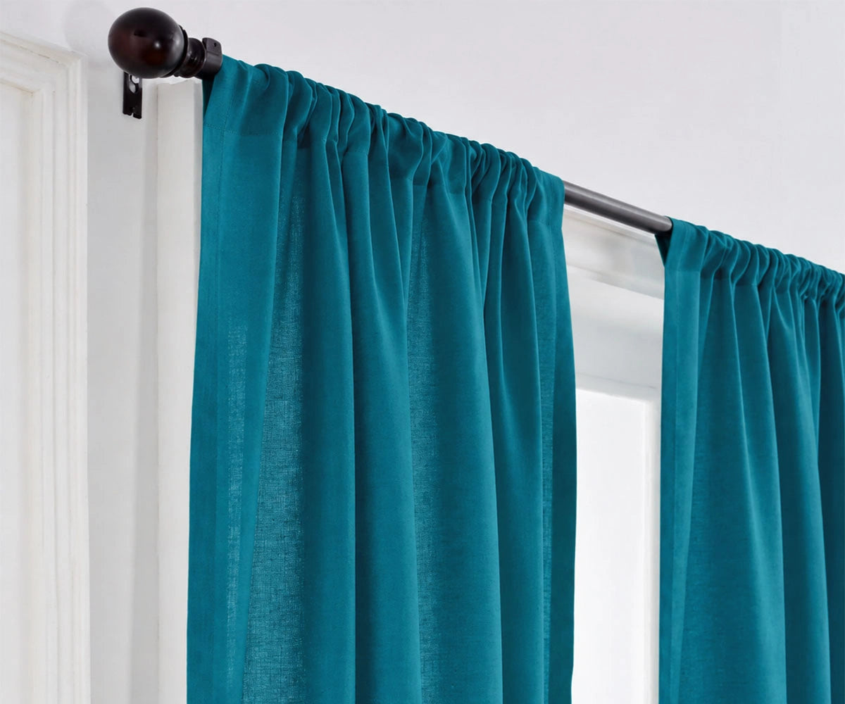 Teal linen curtains for bedroom and living room, elegant light filtering window curtain panels with modern coastal home décor style.