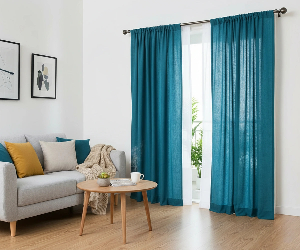Teal linen window curtains with a simple solid design for a clean, elegant finish.