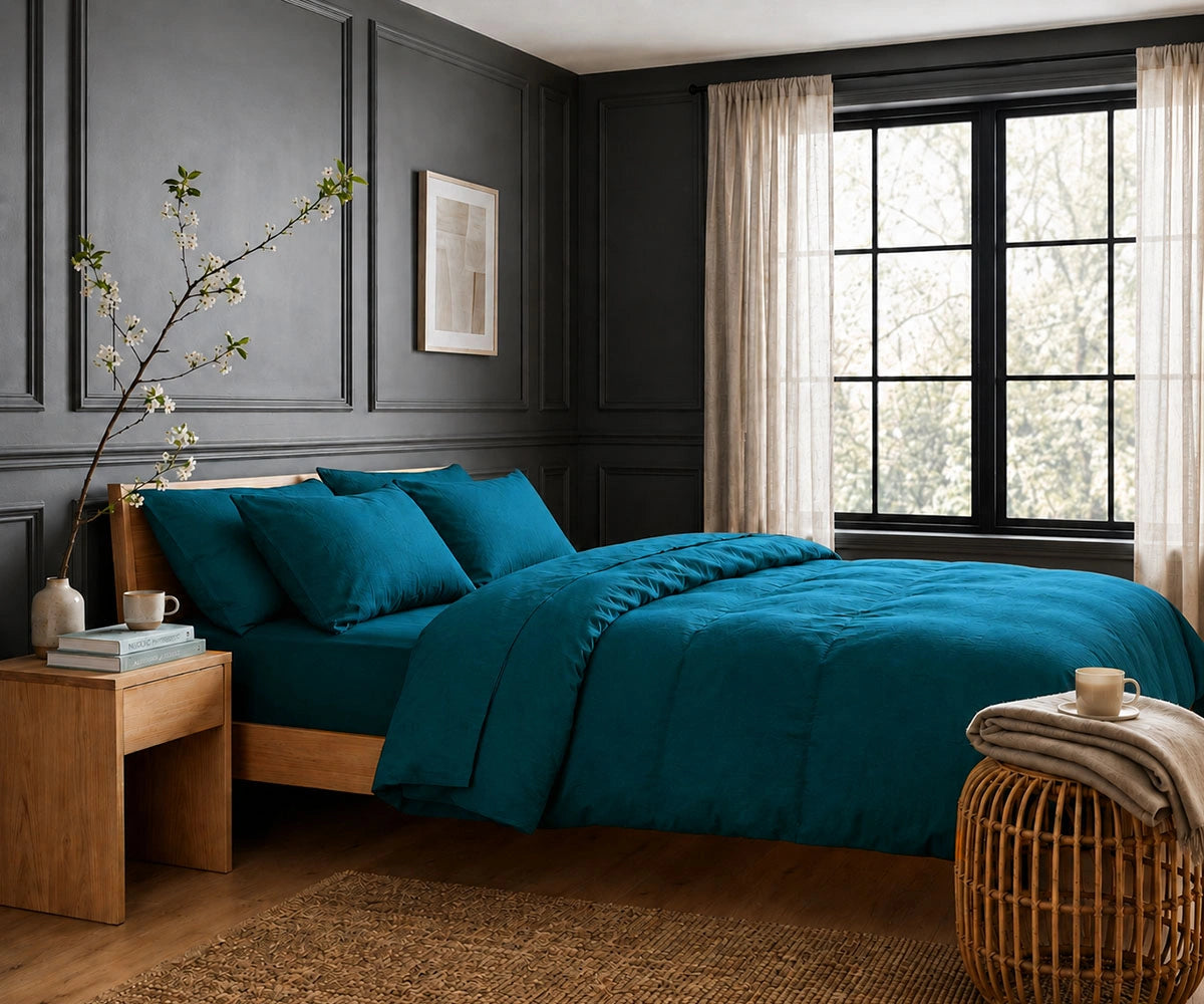 Teal linen duvet cover set for modern luxury bedroom decor with breathable soft washed flax linen bedding