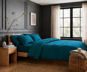 Teal linen duvet cover set for modern luxury bedroom decor with breathable soft washed flax linen bedding