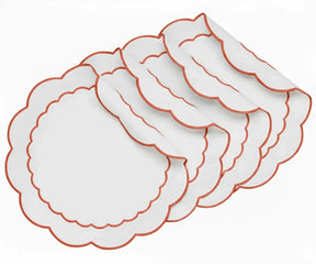 Terracotta embroidered scalloped edge placemats made from 100% cotton, round white placemats for warm, earthy, and elegant table settings.