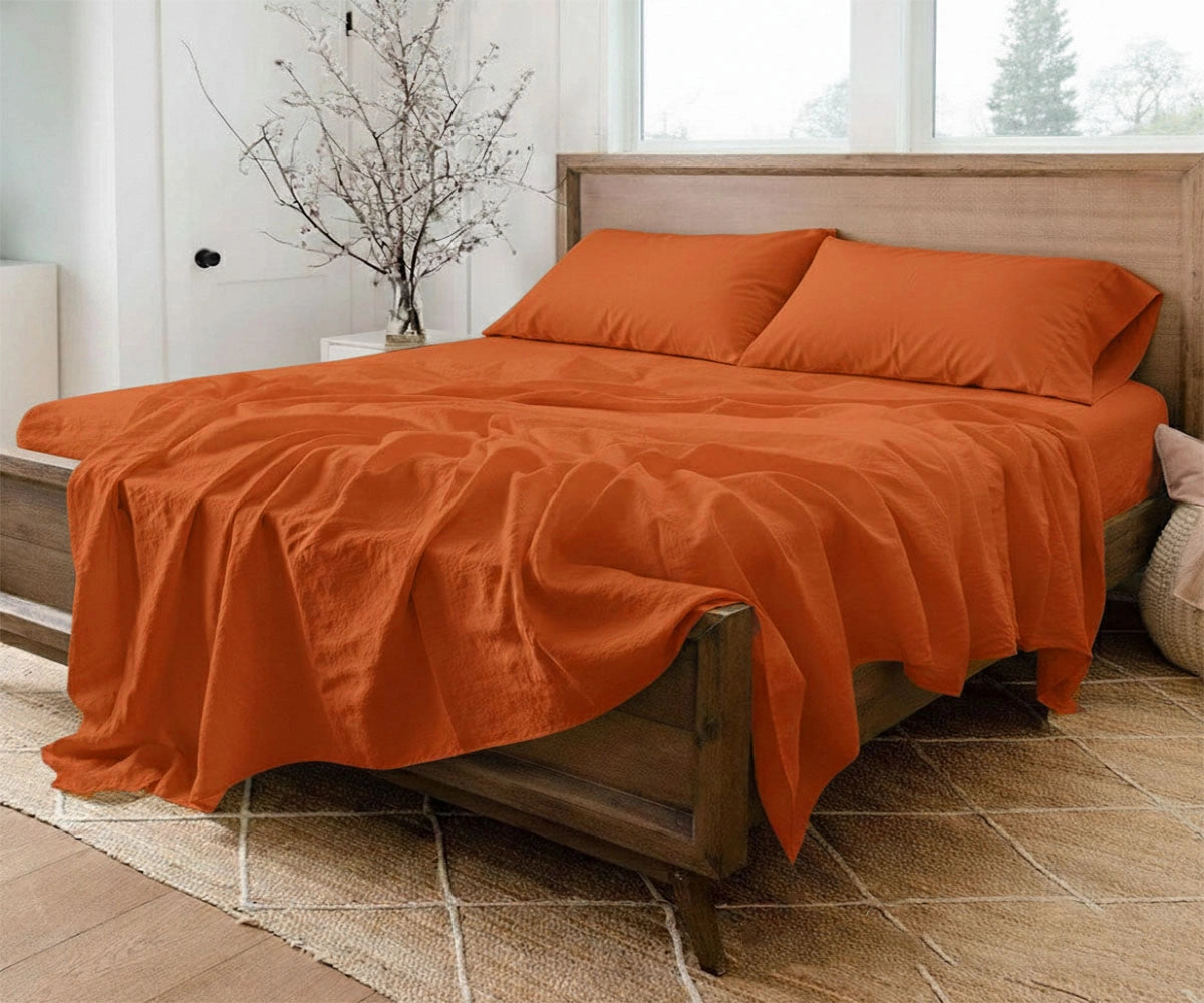 Terracotta linen sheet set made from 100% European linen sheets with deep pocket king and queen luxury linen bedding set for earthy bedroom styling.