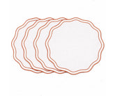 Round cotton placemat in terracotta with white embroidered scalloped border, reusable and washable placemat for everyday and festive dining