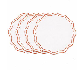 Round cotton placemat in terracotta with white embroidered scalloped border, reusable and washable placemat for everyday and festive dining