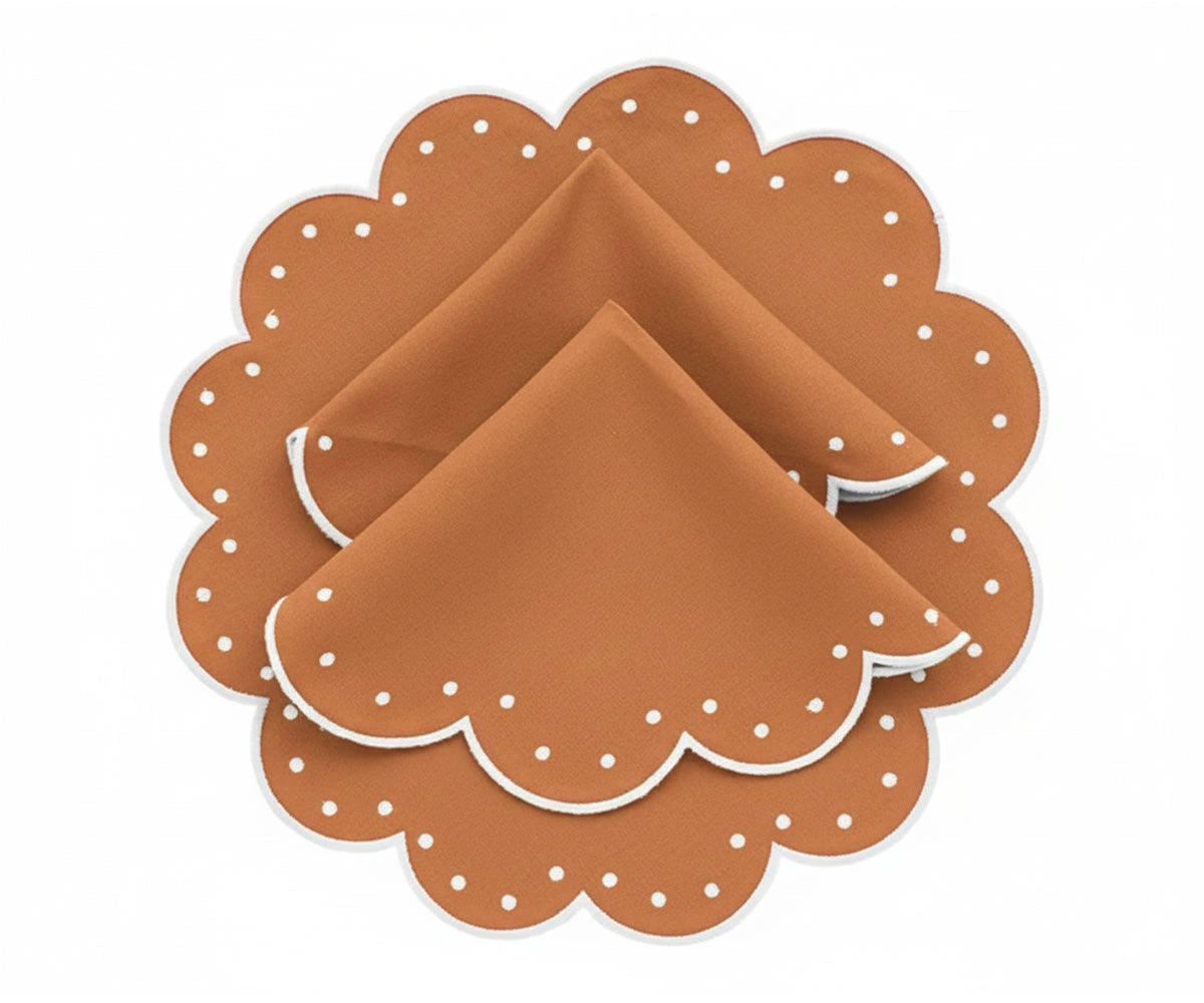 Terracotta scalloped cotton placemats with white dotted accents, luxury round table placemats