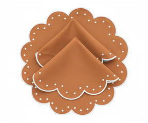 Terracotta scalloped cotton placemats with white dotted accents, luxury round table placemats