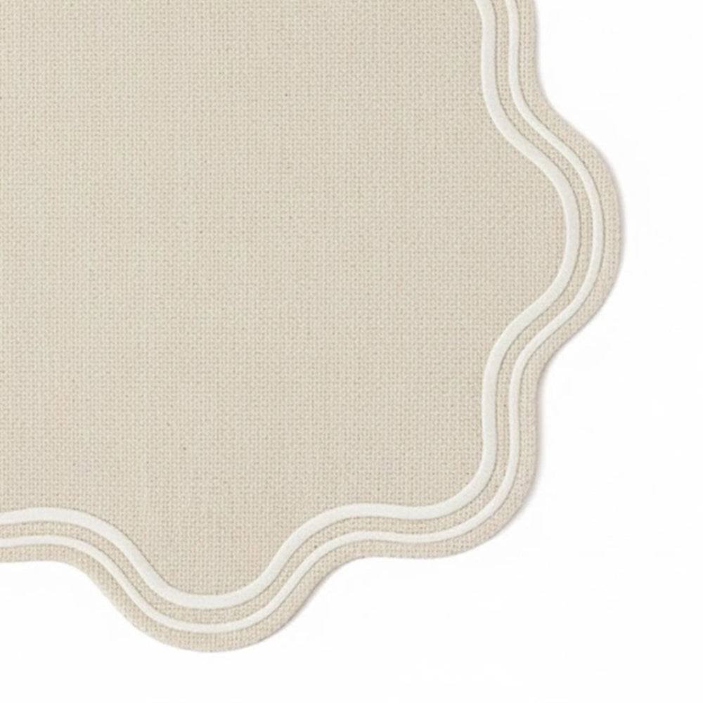 natural round placemat with scalloped trim – eco-friendly cotton table décor for rustic and modern tables.