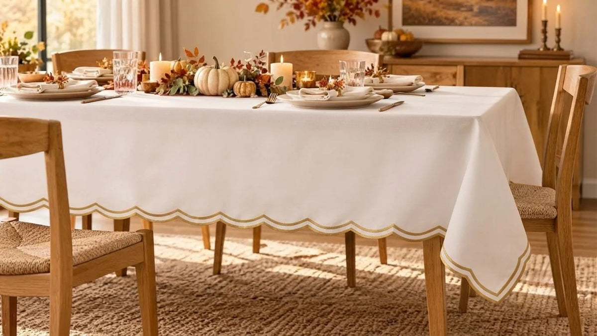 A white tablecloth with a scalloped edge and subtle gold trim, draped over a wooden dining table set for a holiday meal. The scene is styled with autumn table runners, pumpkins, candles, and wooden chairs in a warm, sunlit dining room.