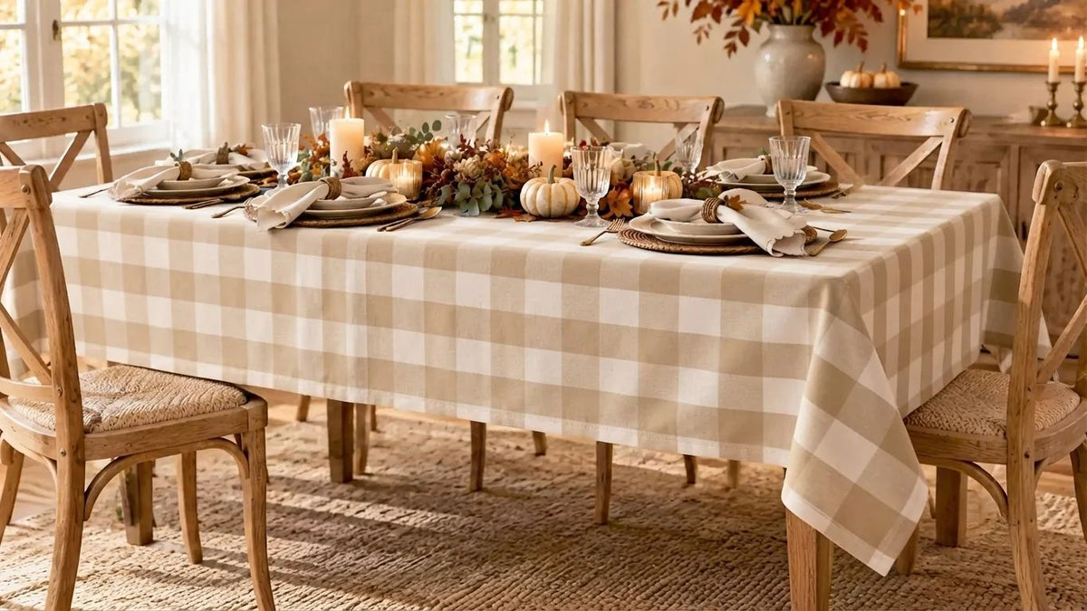 A beige and white checkered tablecloth draped over a rectangular dining table set with wooden chairs, plates, candles, and fall-themed table decorations in a warmly lit dining room.