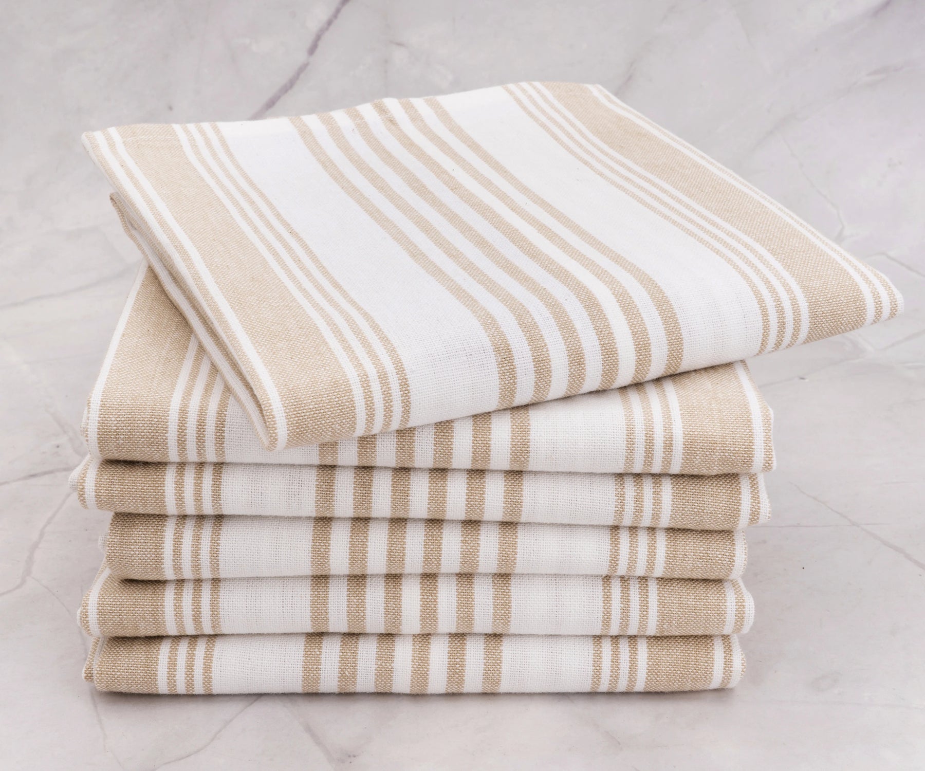 Beige striped cotton dish towel with farmhouse style
