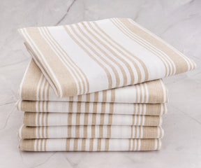 Beige striped cotton dish towel with farmhouse style
