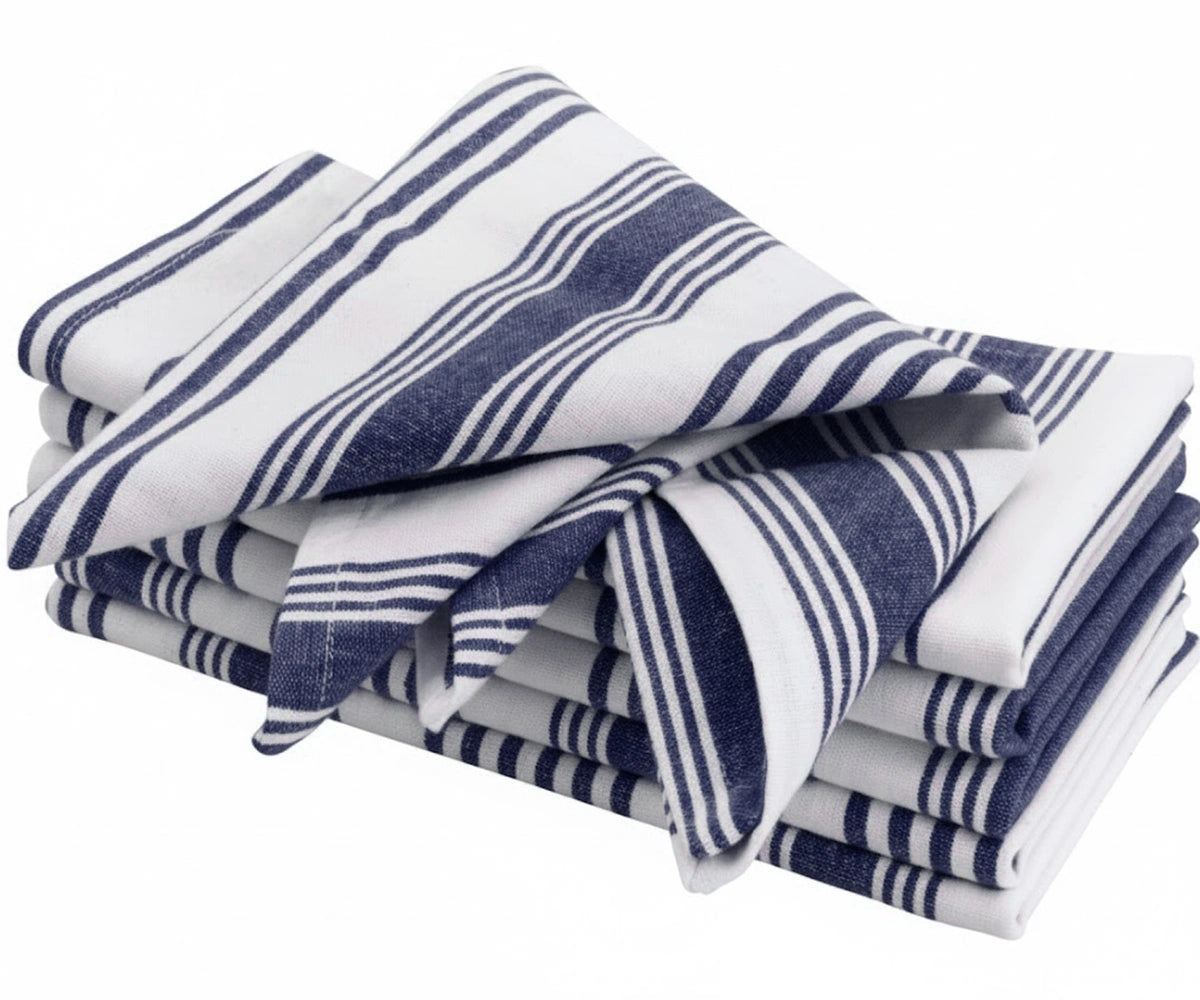 Folded blue striped cotton napkins