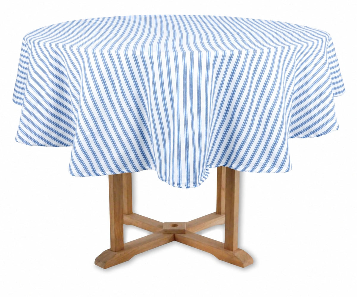 Blue and white striped tablecloth on a wooden table
